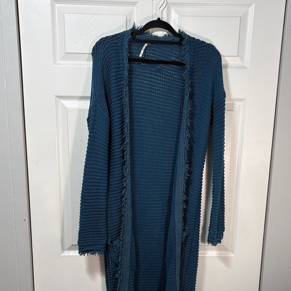 Free People Woodstock Cardigan Blue Open Knit Long Boho Slouchy Cozy Sweater - Picture 3 of 14